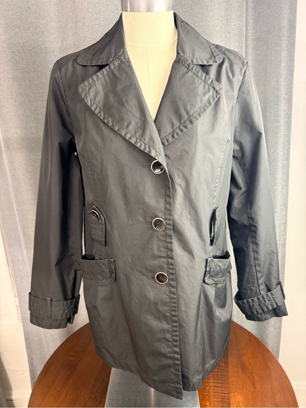 Faded Glory Womens Black Trench Coat Belted Pinstripe Lining Jacket Medium 8-10